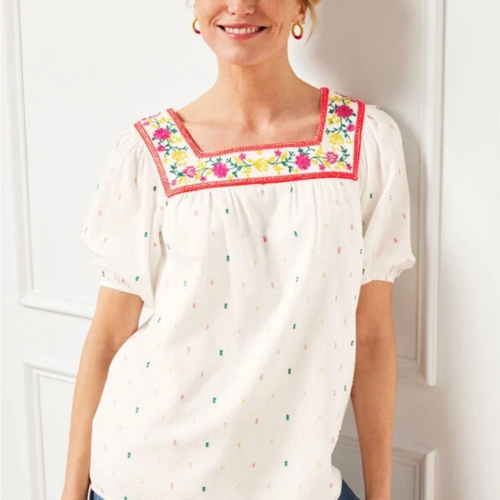 Talbots White Top with Multicolor Embroidery